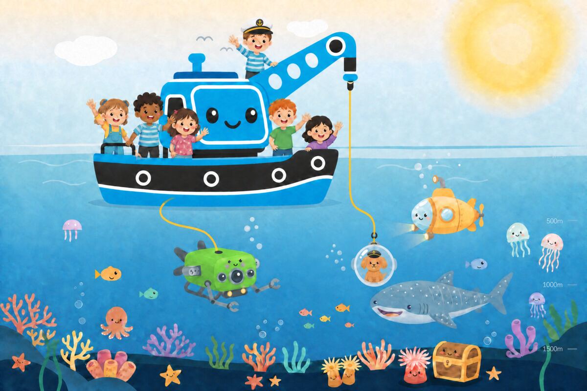 海洋観測船とROV・潜水艇のイメージイラスト